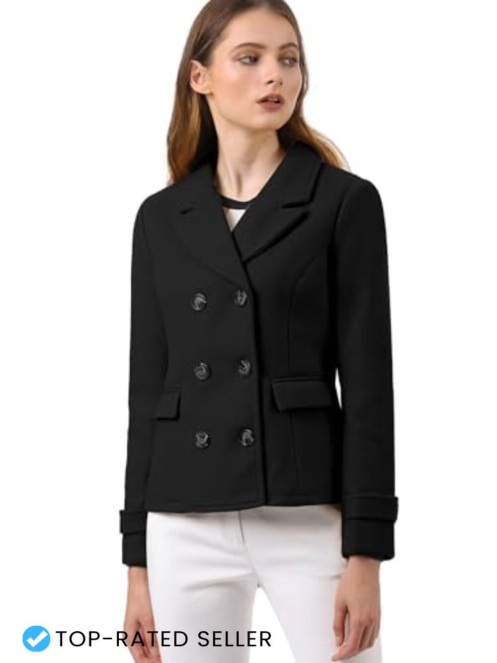 Womens Double Breasted Pea Coat Notched Lapel Short Fully Lined